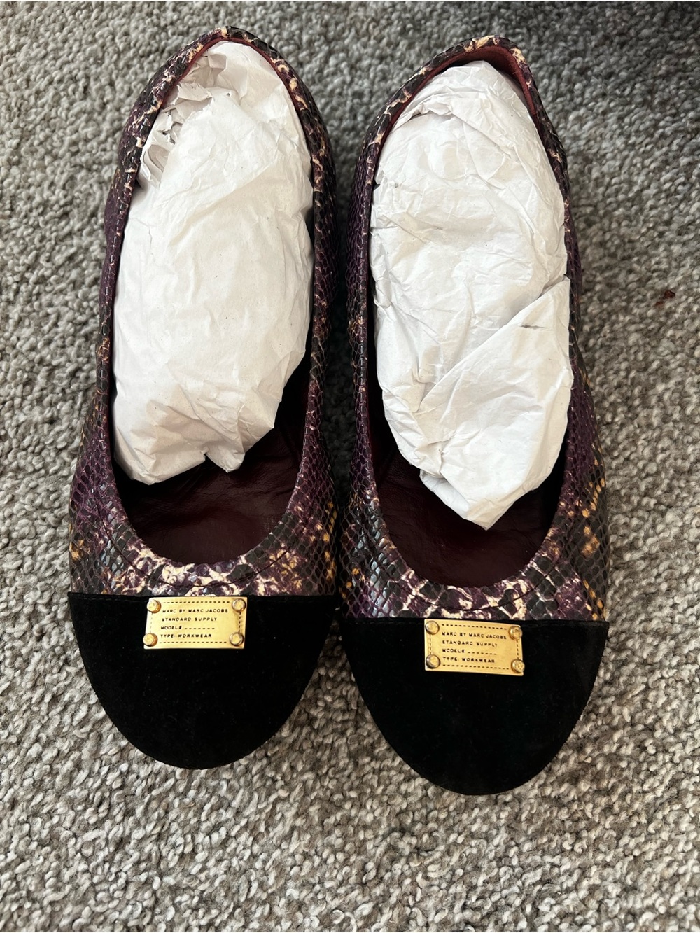 Marc Jacobs Purple Snake-Print Ballet Flats with Black Suede Cap Toe - Picture 2 of 8